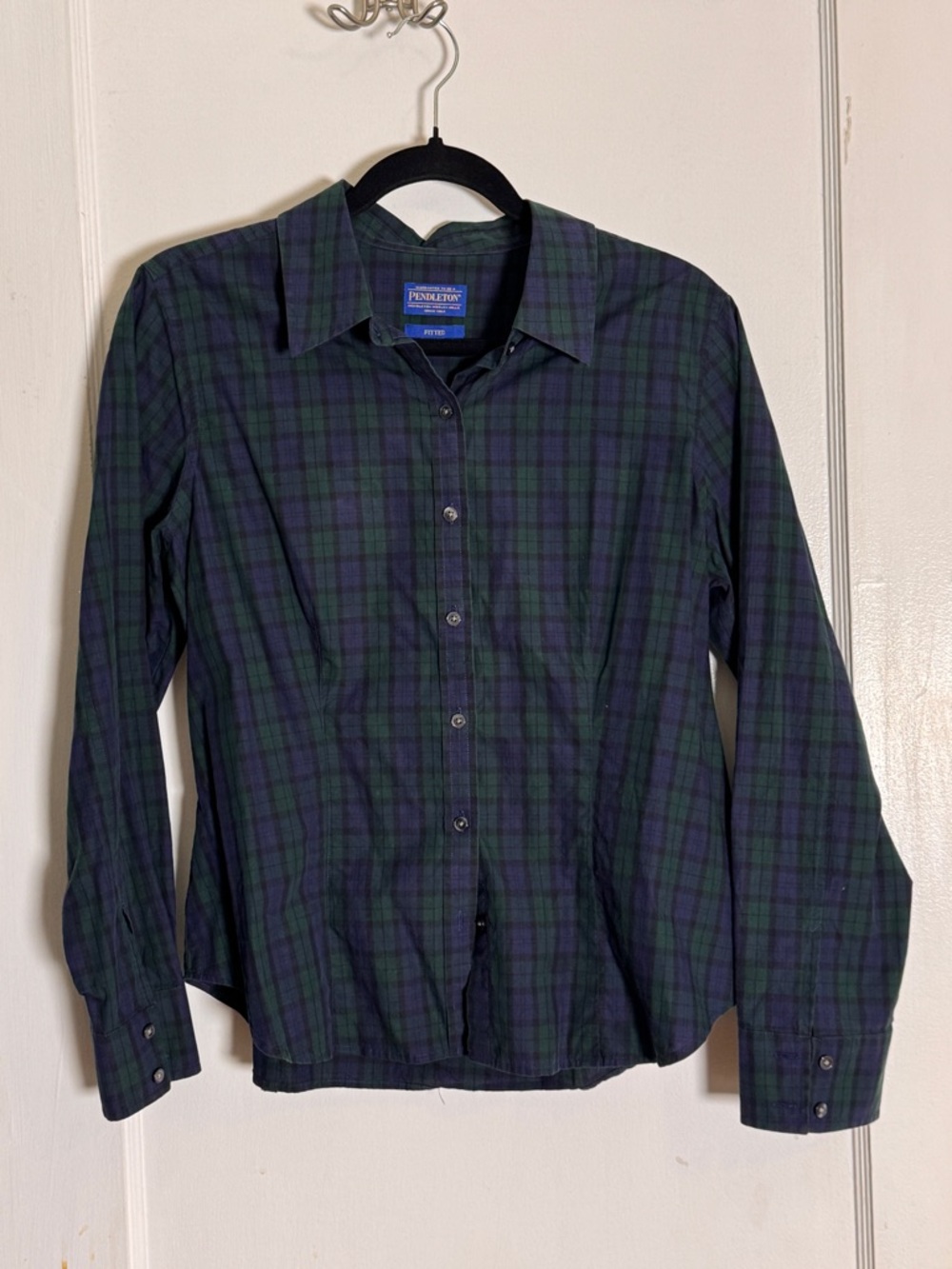 Pendleton Women's Green & Navy Plaid Button-Down Shirt Sz LP fitted 100% Cotton